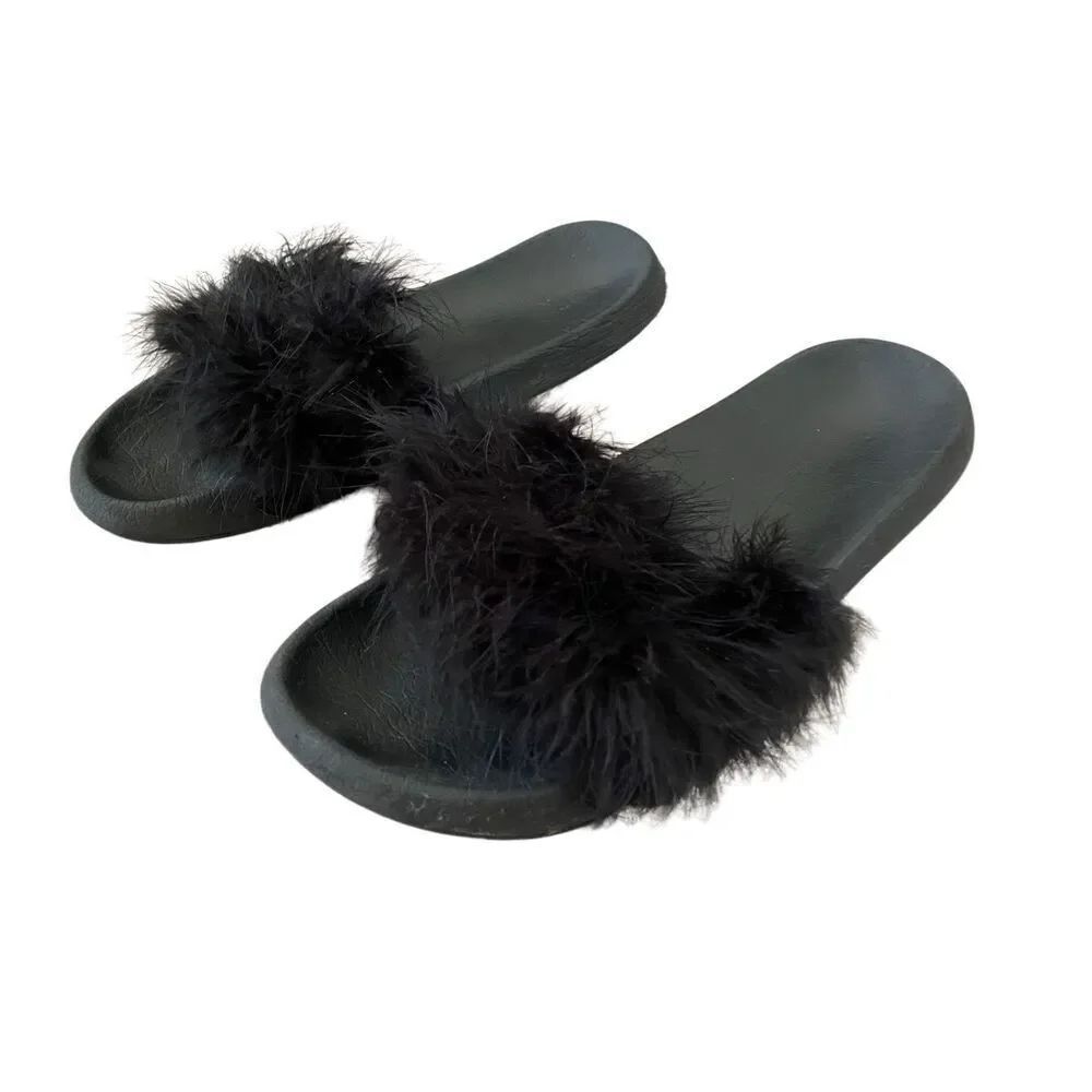 Black Feather Slides Beach Sandals Coastal Summer Lounge Vacation Grunge Goth